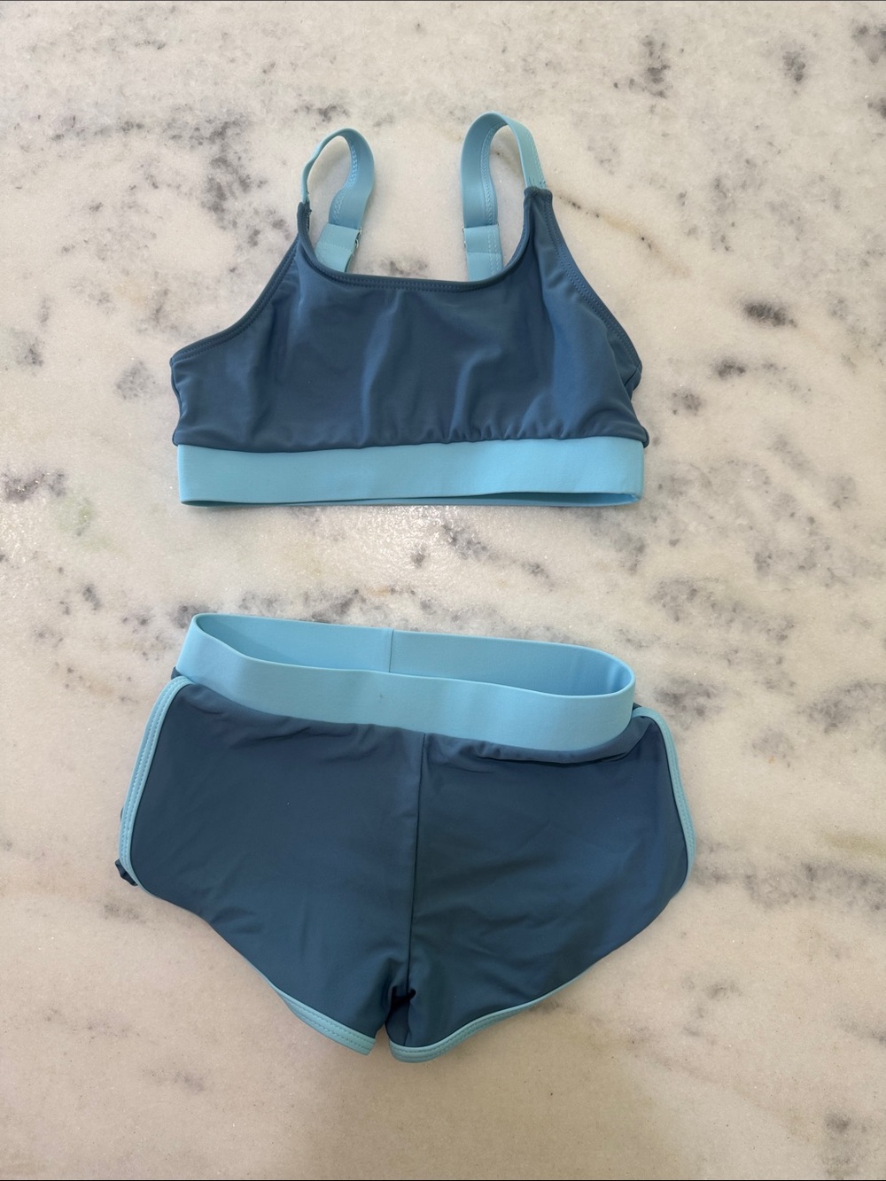 Girls Two-Tone Blue Swim Bikini Set with Light Blue Trim